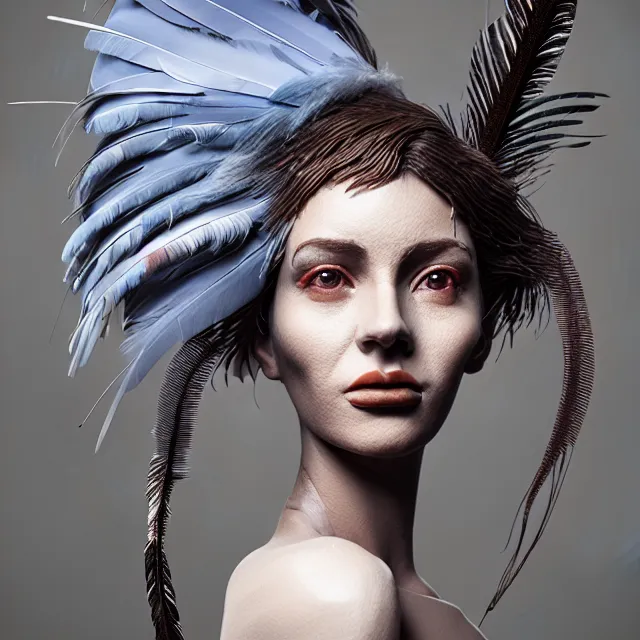 Prompt: a woman with feathers on her head, a hyper realist sculpture, behance contest winner, visual art, made of feathers, behance hd, zbrush, octane, 8 k, houdini, intricately detailed