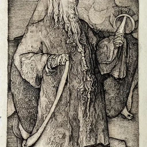 Prompt: ancient occult manuscripts, pen and ink drawings, etchings in the style of Albrecht Durer