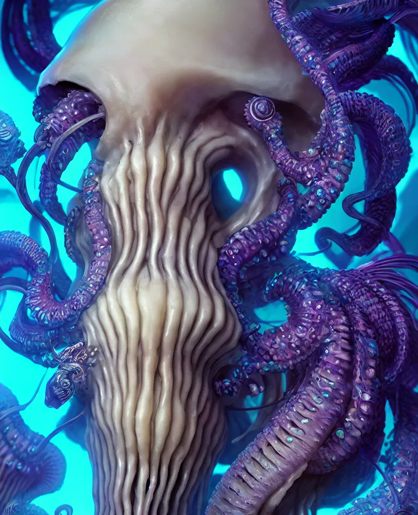 Image similar to goddess close-up portrait ram skull. jellyfish phoenix head, nautilus, orchid, skull, betta fish, bioluminiscent creatures, intricate artwork by Tooth Wu and wlop and beeple. octane render, trending on artstation, greg rutkowski very coherent symmetrical artwork. cinematic, hyper realism, high detail, octane render, 8k