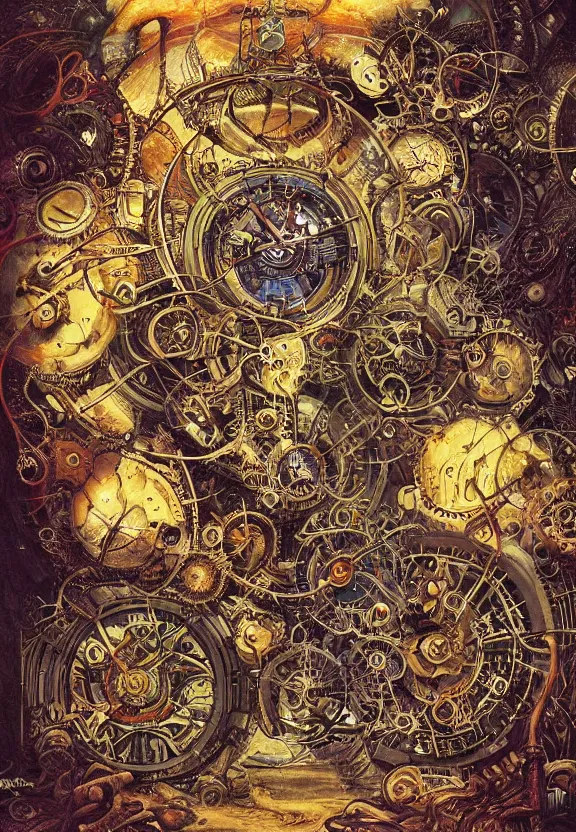 Image similar to simplicity, elegant, muscular eldritch clockwork, machinery, industry, radiating, colorful mandala, psychedelic, overgrown garden environment, by ryan stegman and hr giger and esao andrews and maria sibylla merian eugene delacroix, gustave dore, thomas moran, pop art, street art, graffiti, saturated