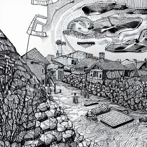 Prompt: medieval suburban neighborhood on the surface of the moon, space plants, illustration, pen and ink, sharp lines, realistic