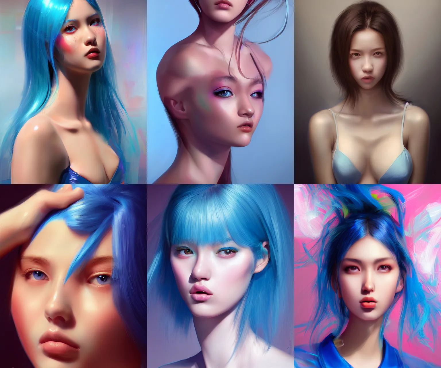 Prompt: Bella ragazza, bubblegum, visualartzi, korean, and blue image, digital painting by Mario Testino, Stanley Artgerm Lau, WLOP, Andrei Riabovitchev, photorealism style, masterpiece, trending on artstation, cgstudio