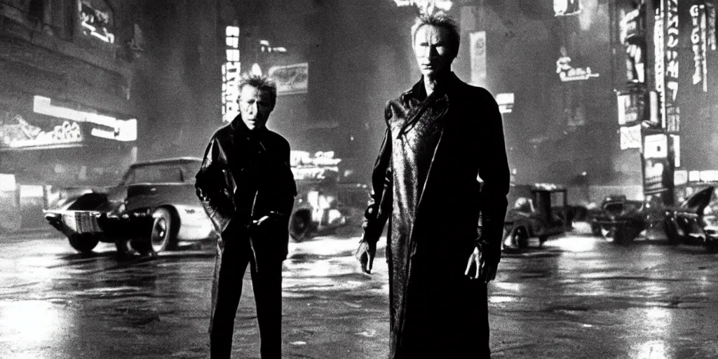 Prompt: clint eastwood in blade runner posing on a street