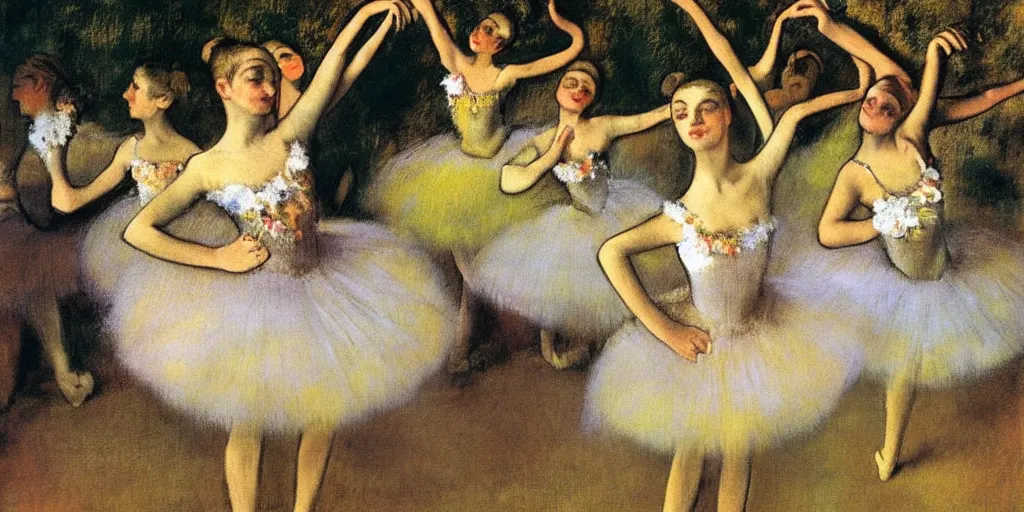 Prompt: anthropomorphic flowers performing ballet by Edgar Degas