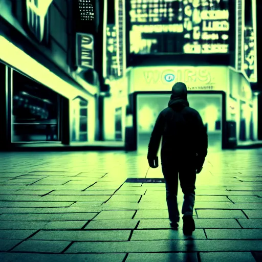 Image similar to minimum wage worker coming back from his retail job at night walking down the city side walk lit up by neon lights, cyberpunk, futuristic, photorealistic, negative, captured on an iphone 1 2