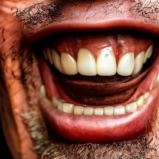 Image similar to a photo from a balded man with teeth made of wood, wood teeth, close up, photorealistic