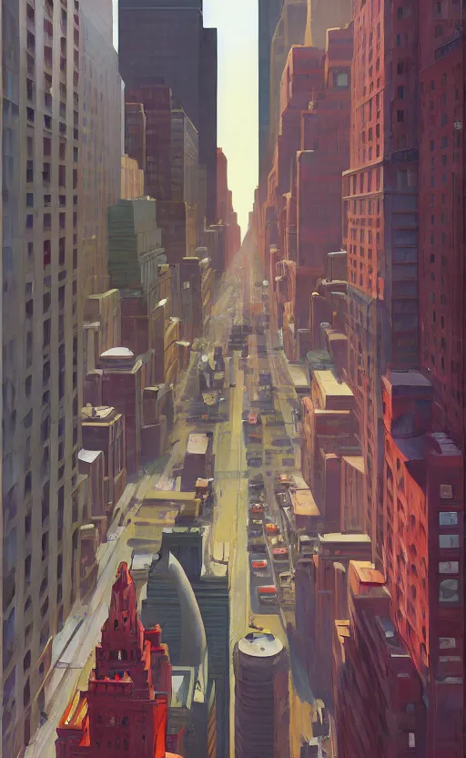 Image similar to A big train moving in the middle of new york city, very coherent, painted by Edward Hopper, Wayne Barlowe, painted by James Gilleard, airbrush, art by JamesJean