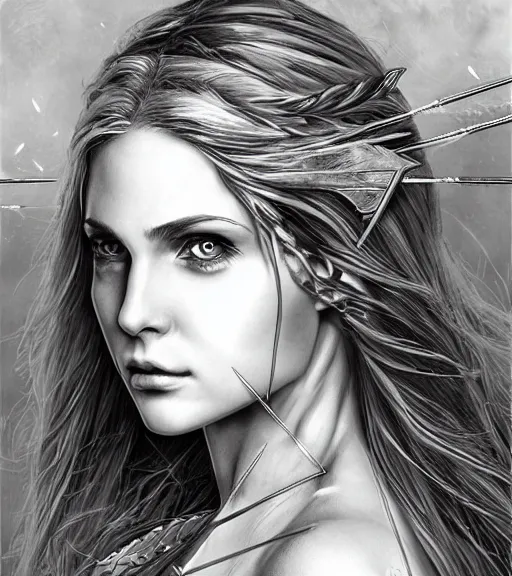 Image similar to portrait of beautiful aphrodite goddess as an archer warrior, arrow, beautiful piercing eyes, flowing blonde hair, realistic face, black and white drawing, in the style of greg rutkowski, fantasy, amazing detail, epic, intricate, elegant, smooth, sharp focus