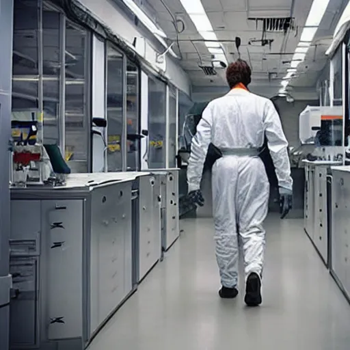 Prompt: a man in a mech suit walking in a lab, National Geographic photo, !!award-winning!!