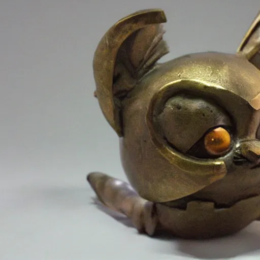 Prompt: photo of fragmented Bronze Babylonian sculpture of Teemo made of Bronze, Bronze!!