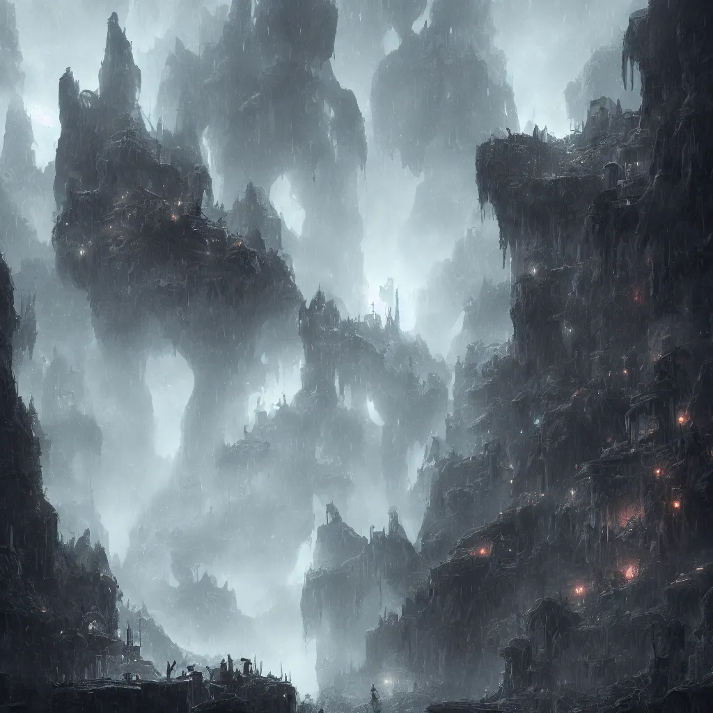 Image similar to a fantasy city built within a vast cave, illustration, raining, dark and moody lighting, digital art, fantasy, 8 k, trending on artstation, detailed