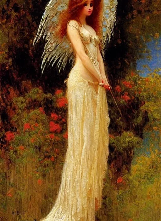 Image similar to vertical prtrait of an angel knight gothic girl, baroque dress. by gaston bussiere