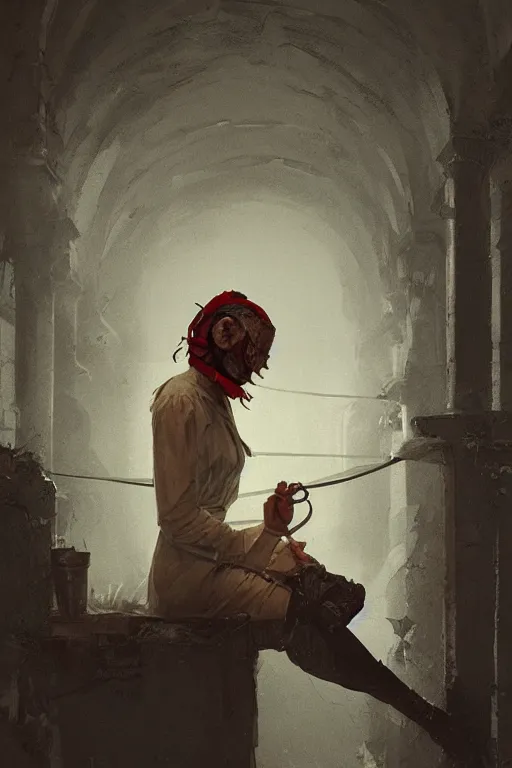 Image similar to The killer Nurse with the iron mask, horror, illustrated by Greg Rutkowski and Caspar David Friedrich., Trending on artstation, artstationHD, artstationHQ, 4k, 8k