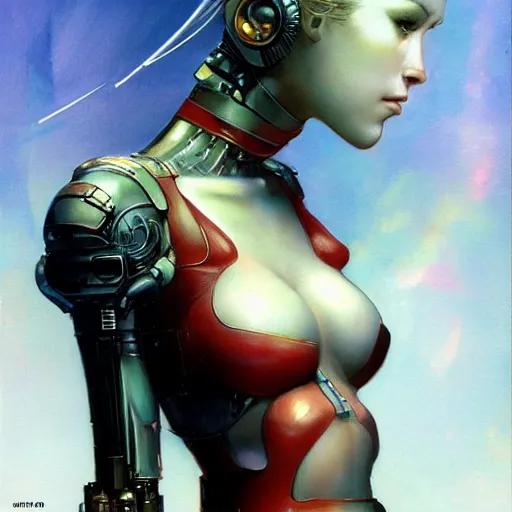 Prompt: beautiful female android by peter andrew jones and akihiko yoshida, rule of thirds, seductive look, beautiful