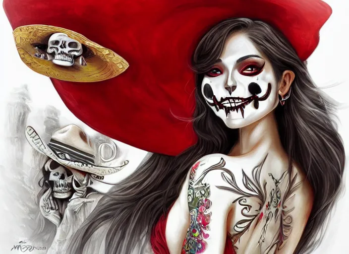 Image similar to cute & beautiful smiling mexican undead skeleton girl wearing a sombrero and a wide red dress, digital art, fantasy, painting, pin up, highly detailed, art by artgerm