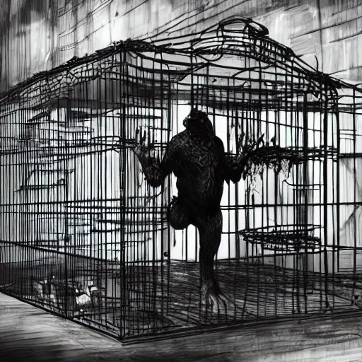 Image similar to creature locked in a cage being studied by scientists in a warehouse, 1 9 2 0's sci - fi, black and white, 8 k, highly ornate intricate details, extreme detail,