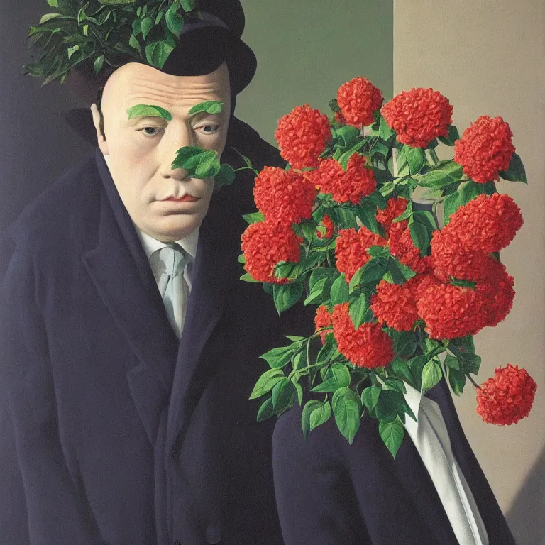 Image similar to portrait of a man, face hidden by beautiful flower bouquet, by rene magritte, detailed painting, hd, hq, high resolution, high detail, 4 k, 8 k