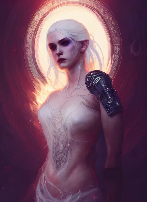 Prompt: a beautiful white haired pyromancer princess, intricate concept art, ethereal, ominous, mysterious, enchanted, magic, dramatic lighting, illuminated lines, outrun, vaporware, illuminated runes, cyberpunk darksynth, dark background, 8 k, by ruan jia and krenz cushart and alphonse mucha