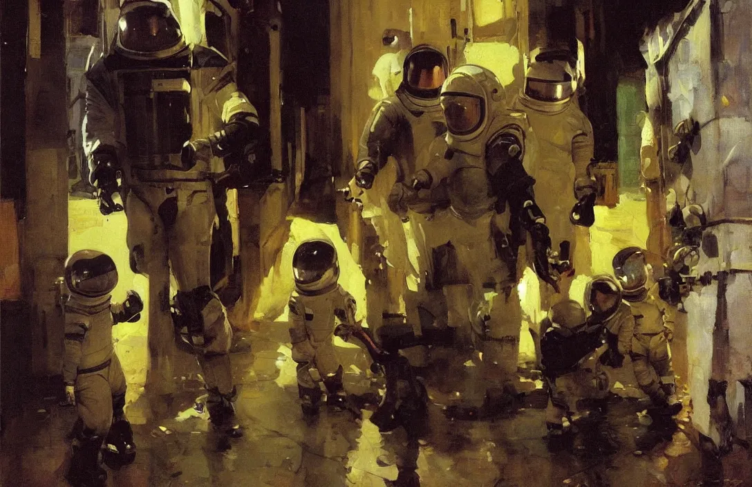 Image similar to 1 child dressed as spacemen, in an alleyway detailed painting, epic lighting, by ilya repin, phil hale and kent williams