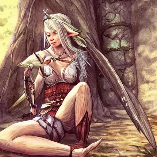 Image similar to a short, stocky female wood elf, resting after a battle, fantasy art