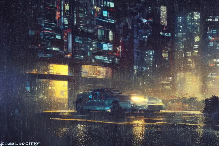 Image similar to cyberpunk, an estate agent listing photo, external view of a detached city house in the UK, cityscape, it's night time, raining, old car, by Paul Lehr, highly detailed, photorealistic, unreal engine, 8k, anamorphic, cinestill cinematrography
