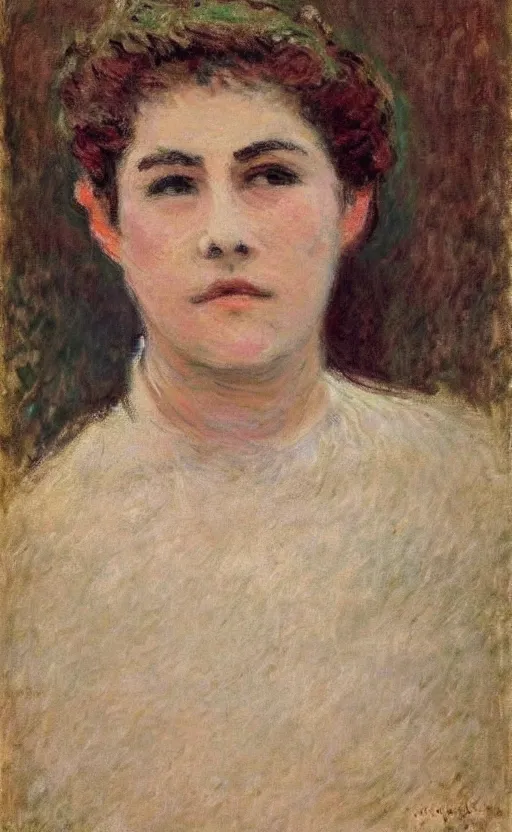 Prompt: portrait by claude monet!! of a woman!! looking at us, brown short hair, slight blush on face! forest!!!