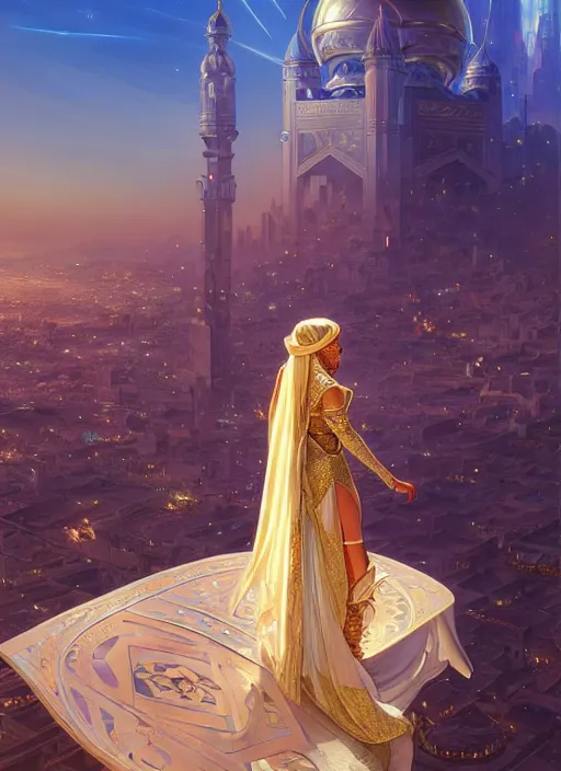 Prompt: an arabian princess looking over her city, shiny, fantasy, intricate, elegant, hyper detailed, ultra definition, photoreal, artstation, unreal engine rendered, concept art, smooth, sharp focus, illustration, art by artgerm and greg rutkowski and alphonse mucha and garis edelweiss