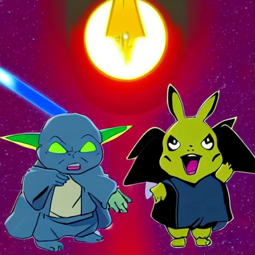 Image similar to Yoda versus Darth pikachu, jedi sith lightsaber battle, dramatic duel of the fates, in the style of pokemon, cartoon, bright colours