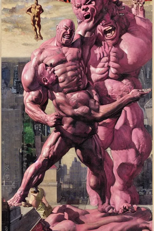 Prompt: portrait of morgan aste as huge pink hulk standing triuphant over dead alien, painted by jack kirby, lawrence alma tadema, norman rockwell, greg staples, wayne barlow, jacob collins, tom lovell, frank schoonover, neville page