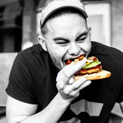 Prompt: he is eating a burger. he is eating it with his hands. he is eating it with his mouth. he is eating it with his teeth. he is eating it with his tongue. he is eating it with his lips. he is eating it with his cheeks