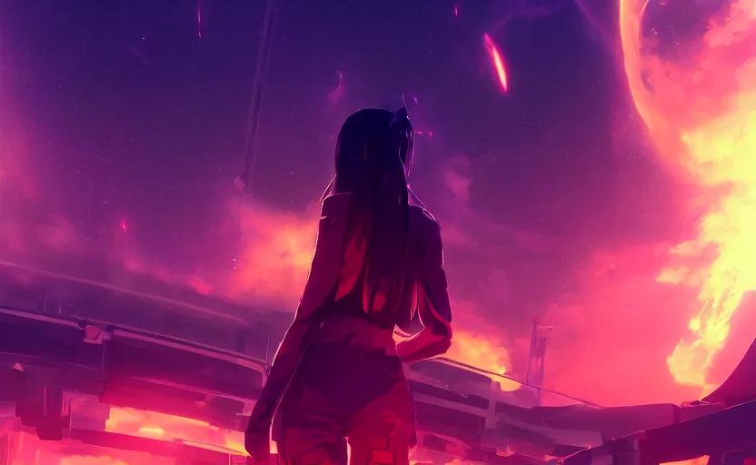 Image similar to anime scene background of futuristic solar-punk tokyo, anime painting, 3d render, hyper realistic, dramatic lighting, the sky is a nebula on fire, 8k hdr pixiv dslr photo by Makoto Shinkai ilya kuvshinov and Wojtek Fus, digital art, concept art,