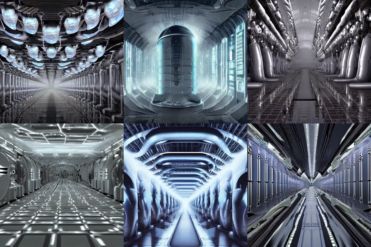 Prompt: one thousand aligned cryogenic pods, symmetrical, futuristic decoration, sci-fi, cryogenic pods, many cryogenic pods, wide shot, matte painting, oil painting, dark sci-fi