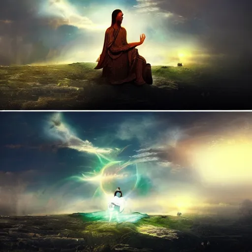 Image similar to concept art trending on art station detailed matte painting of an mystical being meditation in the sky, dramatic, 8k, digital art
