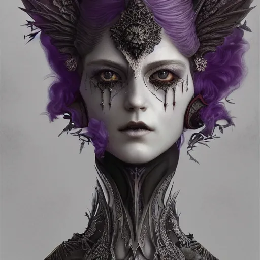 Image similar to tom bagshaw, soft painting fractal curiosities fairy carnival, single beautiful huge wings in full nightshade gothic armor, accurate features, focus, very intricate ultrafine details, black white purple volumetric clouds, award winning masterpiece, octane render 8 k hd