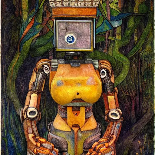 Image similar to robot seizes the forest crown, by Annie Swynnerton and Diego Rivera and Elihu Vedder, symbolist, dramatic lighting, elaborate geometric ornament, tattoos, Art Brut, soft cool colors,smooth, sharp focus, extremely detailed