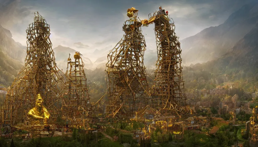 Image similar to dwarves building a giant golden statue with scaffolding in the heart of green mountains,, hyperdetailed, artstation, cgsociety, 8 k