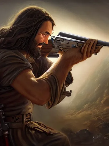 Image similar to jesus christ firing with an ak - 4 7. intricate, elegant, highly detailed, digital painting, artstation, concept art, sharp focus, illustration, by justin gerard and artgerm, 8 k