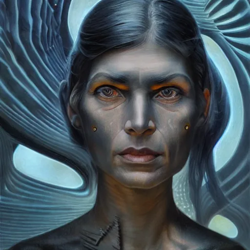 Image similar to detailed face of a woman with obsidian eyes in a biomorphic courtyard with dna sculptures at a science expo, atmospheric, ambient, pj crook, syd mead, livia prima, artgerm, greg rutkowski, nick alm, casey baugh