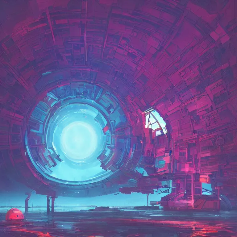 Prompt: a circle!! spiral!! portal!!! structure floating in space!!, cyberpunk, epic surrealism, indigo, purple, bright red, cyan, detailed digital matte painting in the style of simon stalenhag and painting by ralph mcquarrie