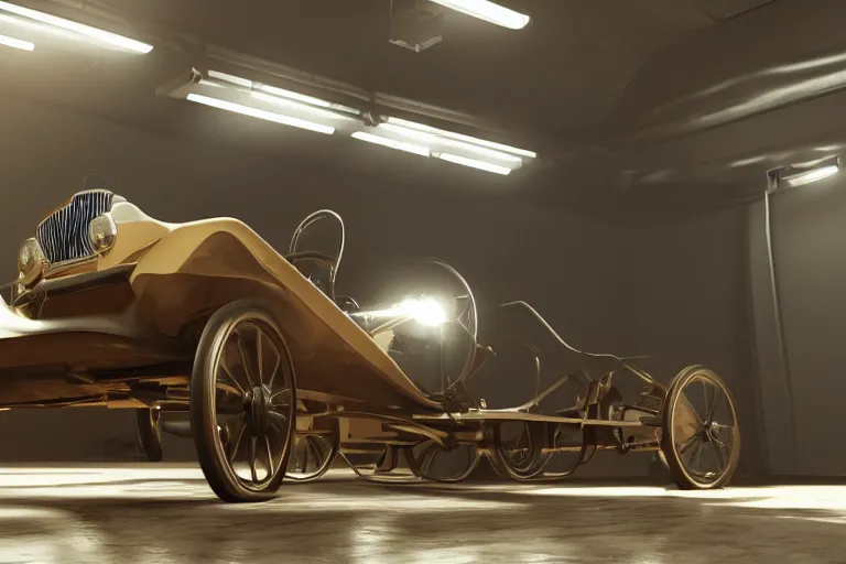 Image similar to still photo of the invention of the first car, highly detailed, photorealistic shot, bright studio setting, studio lighting, crisp quality and light reflections, unreal engine 5 quality render