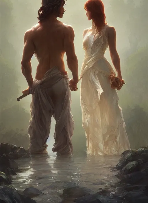 Prompt: a couple made of mist and water, full body view, beautiful high quality realistic fantasy art, trending on artstation by artgerm and greg rutkowski and alphonse mucha