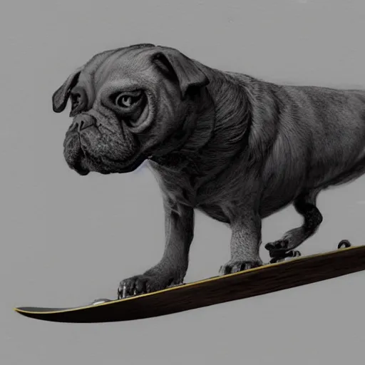 Prompt: morbidly obese dog riding a skateboard, illustration, full body, high quality, intricate details, details, craig mullins, intricate, atmosphere, highly detailed, matte painting, cinematic, deviantart, realistic, photorealistic, concept art