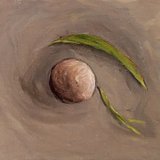 Image similar to detailed painting of a single small seed sitting on loose fresh earth, ready to plany. muted colors and natural tones.