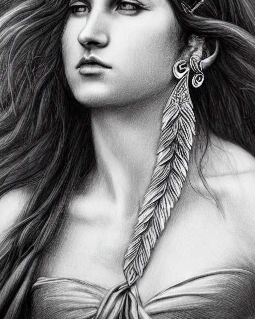 Image similar to long shot realism pencil drawing of the beautiful greek goddess aphrodite wearing a laurel wreath and arrowhead earrings, beautiful confident eyes, beautiful flowing hair, white god eyes, hyper realistic face, in the style of greg rutkowski, fantasy, amazing detail, epic, elegant, smooth, sharp focus, from the front