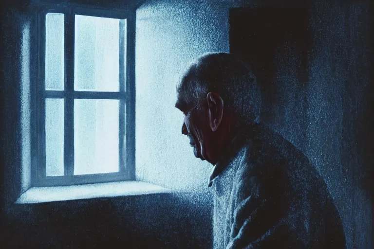 Image similar to a cinematic painting of an old male prisoner inside of jail cell looking out of a small frosted window, beautiful lighting, high depth, ultra realistic, artistic, by annie leibovitz, by gregory crewdson, blue color theme