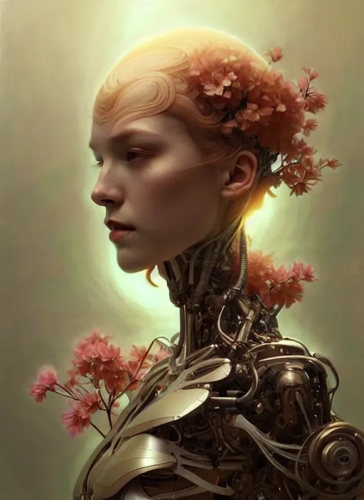 Prompt: organic cyborg, sakura, diffuse lighting, fantasy, intricate, elegant, highly detailed, lifelike, photorealistic, digital painting, artstation, illustration, concept art, smooth, sharp focus, art by John Collier and Albert Aublet and Krenz Cushart and Artem Demura and Alphonse Mucha