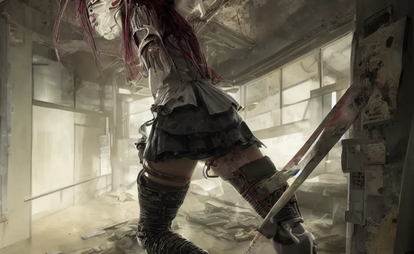 Image similar to School girl holding a katana and standing on an abandoned hospital room,horror sccene, hyperrealistic mixed media, stunning 3d render inspired art by P. Craig Russell and Barry Windsor-Smith + perfect facial symmetry + dim volumetric lighting, 8k octane beautifully detailed render, post-processing, extremely hyperdetailed, intricate futuristic mechanic parts, epic composition, grim yet sparkling atmosphere, cinematic lighting + masterpiece, trending on artstation