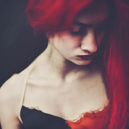 Image similar to a photo of a young woman. moody and melanchonic. red, yellow