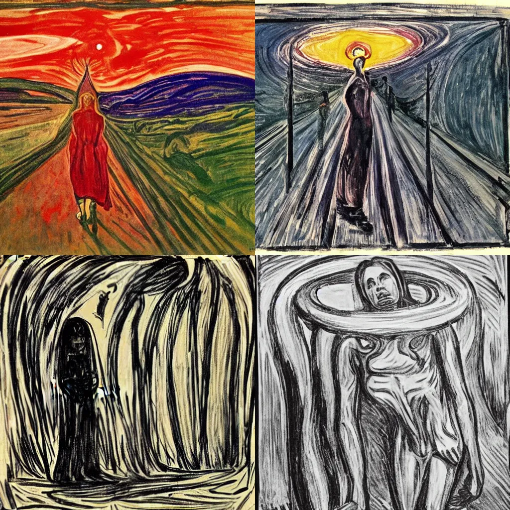 Prompt: You wear guilt Like shackles on your feet Like a halo in reverse I can feel The discomfort in your seat And in your head, it's worse. In the style of Edward munch