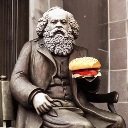 Prompt: Statue of Karl Marx eating a burger at McDonald's, photo